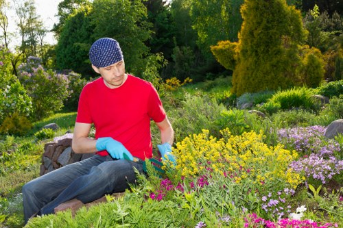 Safety barriers and PPE set up before roadside hedge trimming job